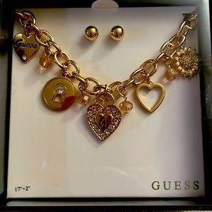 Guess gold heart charm necklace & earrings set (new in box)